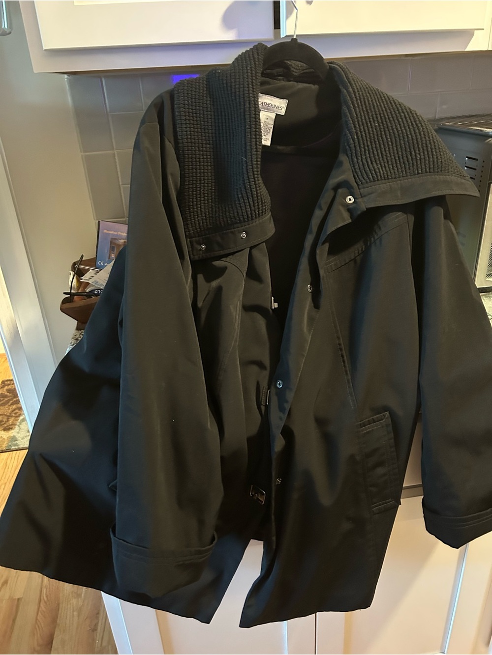 Catherines Black Trench Coat with Ribbed Coll